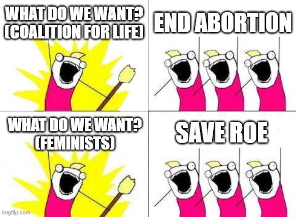 Abortion debate | WHAT DO WE WANT?
(COALITION FOR LIFE); END ABORTION; SAVE ROE; WHAT DO WE WANT?
(FEMINISTS) | image tagged in memes,what do we want,pro-life,pro-choice,feminism,abortion | made w/ Imgflip meme maker
