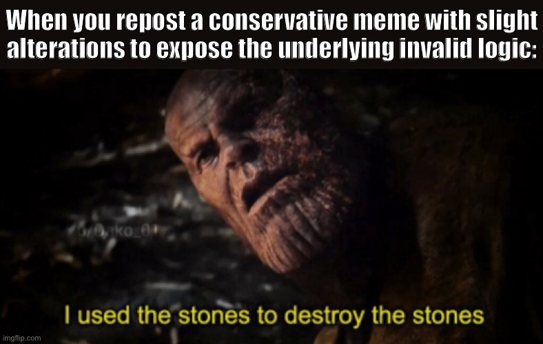 Thanos approves this method of memeing | When you repost a conservative meme with slight alterations to expose the underlying invalid logic: | image tagged in i used the stones to destroy the stones,thanos,conservative logic,memes about memes,memes about memeing,politics lol | made w/ Imgflip meme maker