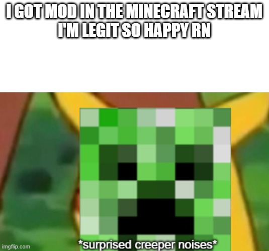 surprised creeper | I GOT MOD IN THE MINECRAFT STREAM
I'M LEGIT SO HAPPY RN | image tagged in surprised creeper | made w/ Imgflip meme maker