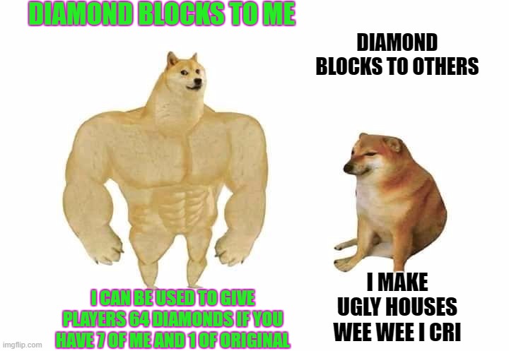 doge then and now | DIAMOND BLOCKS TO ME; DIAMOND BLOCKS TO OTHERS; I CAN BE USED TO GIVE PLAYERS 64 DIAMONDS IF YOU HAVE 7 OF ME AND 1 OF ORIGINAL; I MAKE UGLY HOUSES WEE WEE I CRI | image tagged in doge then and now,wee wee,power | made w/ Imgflip meme maker