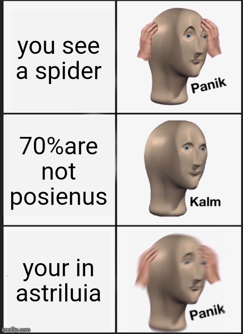 Panik Kalm Panik Meme | you see a spider; 70%are not posienus; your in astriluia | image tagged in memes,panik kalm panik | made w/ Imgflip meme maker