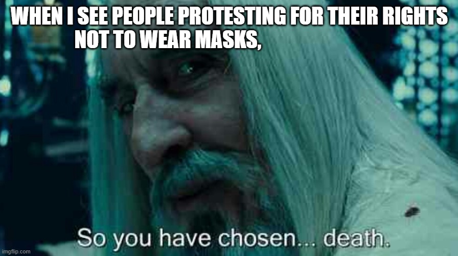 So you have chosen death | WHEN I SEE PEOPLE PROTESTING FOR THEIR RIGHTS NOT TO WEAR MASKS, | image tagged in so you have chosen death | made w/ Imgflip meme maker