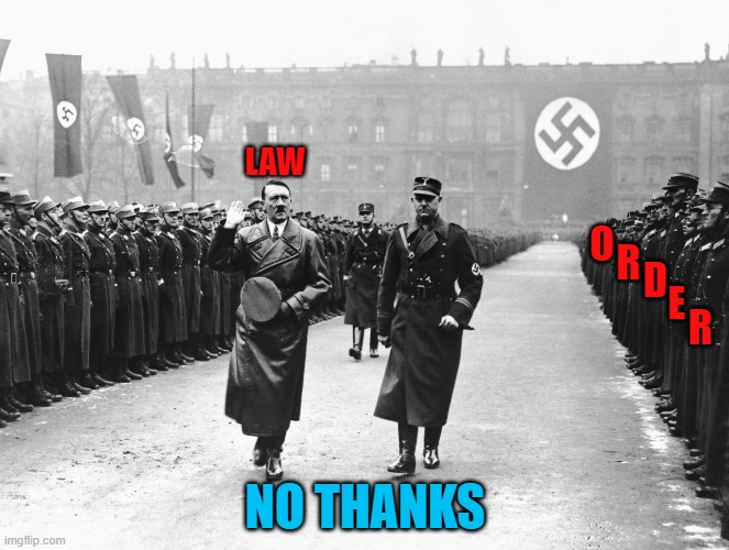 As for me, give me liberty or give me death. | LAW; O; R; D; E; R; NO THANKS | image tagged in trump,hitler,law and order,freedom,fascism | made w/ Imgflip meme maker
