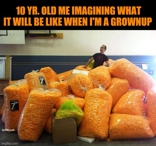 The Cheeto Bandito | 10 YR. OLD ME IMAGINING WHAT IT WILL BE LIKE WHEN I'M A GROWNUP | image tagged in cheetos,rule,little kid,big,dreams | made w/ Imgflip meme maker