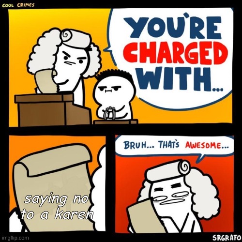 cool crimes | saying no to a karen | image tagged in cool crimes | made w/ Imgflip meme maker