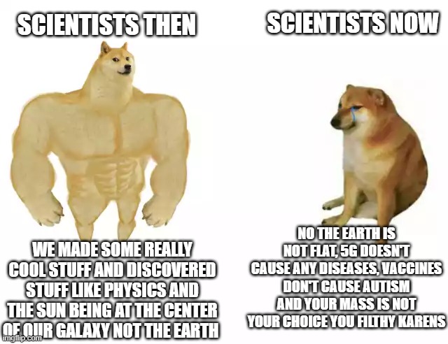 Buff Doge vs. Cheems Meme | SCIENTISTS NOW; SCIENTISTS THEN; NO THE EARTH IS NOT FLAT, 5G DOESN'T CAUSE ANY DISEASES, VACCINES DON'T CAUSE AUTISM AND YOUR MASS IS NOT YOUR CHOICE YOU FILTHY KARENS; WE MADE SOME REALLY COOL STUFF AND DISCOVERED STUFF LIKE PHYSICS AND THE SUN BEING AT THE CENTER OF OUR GALAXY NOT THE EARTH | image tagged in buff doge vs cheems | made w/ Imgflip meme maker