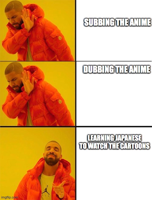 Anime be like | SUBBING THE ANIME; DUBBING THE ANIME; LEARNING JAPANESE TO WATCH THE CARTOONS | image tagged in drake meme 3 panels | made w/ Imgflip meme maker