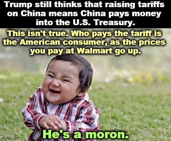 Trump knows nothing about trade. | Trump still thinks that raising tariffs 
on China means China pays money 
into the U.S. Treasury. This isn't true. Who pays the tariff is 
the American consumer, as the prices 
you pay at Walmart go up. He's a moron. | image tagged in memes,evil toddler,trump,china,trade,idiot | made w/ Imgflip meme maker