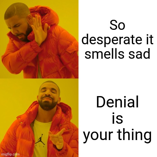 Drake Hotline Bling Meme | So desperate it smells sad Denial is your thing | image tagged in memes,drake hotline bling | made w/ Imgflip meme maker