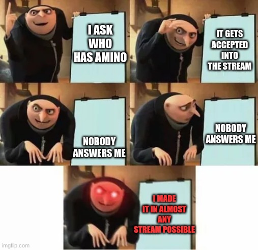 amino | IT GETS ACCEPTED INTO THE STREAM; I ASK WHO HAS AMINO; NOBODY ANSWERS ME; NOBODY ANSWERS ME; I MADE IT IN ALMOST ANY STREAM POSSIBLE | image tagged in gru's plan red eyes edition | made w/ Imgflip meme maker