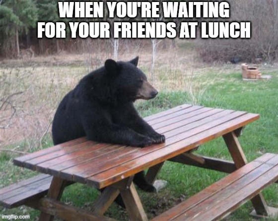 Bad Luck Bear Meme | WHEN YOU'RE WAITING FOR YOUR FRIENDS AT LUNCH | image tagged in memes,bad luck bear | made w/ Imgflip meme maker