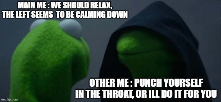 Evil Kermit | MAIN ME : WE SHOULD RELAX, THE LEFT SEEMS  TO BE CALMING DOWN; OTHER ME : PUNCH YOURSELF IN THE THROAT, OR ILL DO IT FOR YOU | image tagged in memes,evil kermit | made w/ Imgflip meme maker