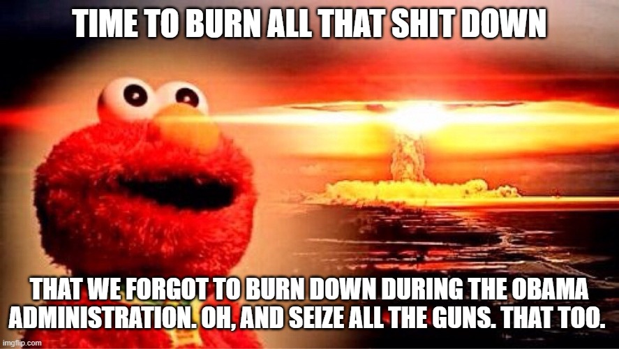 elmo nuclear explosion | TIME TO BURN ALL THAT SHIT DOWN THAT WE FORGOT TO BURN DOWN DURING THE OBAMA ADMINISTRATION. OH, AND SEIZE ALL THE GUNS. THAT TOO. | image tagged in elmo nuclear explosion | made w/ Imgflip meme maker