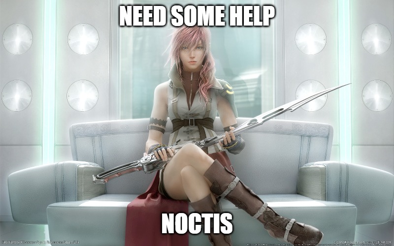 Need some help Noctis | NEED SOME HELP; NOCTIS | image tagged in lightning final fantasy xiii,final fantasy | made w/ Imgflip meme maker