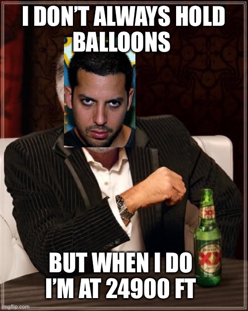 High flyer | I DON’T ALWAYS HOLD
BALLOONS; BUT WHEN I DO I’M AT 24900 FT | image tagged in memes,the most interesting man in the world,david blaine | made w/ Imgflip meme maker