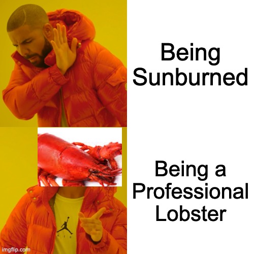 I made this | Being Sunburned; Being a Professional Lobster | image tagged in memes,drake hotline bling | made w/ Imgflip meme maker