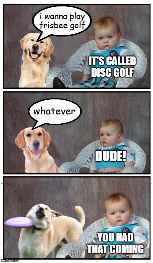 Say it right or go home. | i wanna play frisbee golf; IT'S CALLED DISC GOLF; whatever; DUDE! YOU HAD THAT COMING | image tagged in dad joke frisbee dog,disc golf,memes | made w/ Imgflip meme maker
