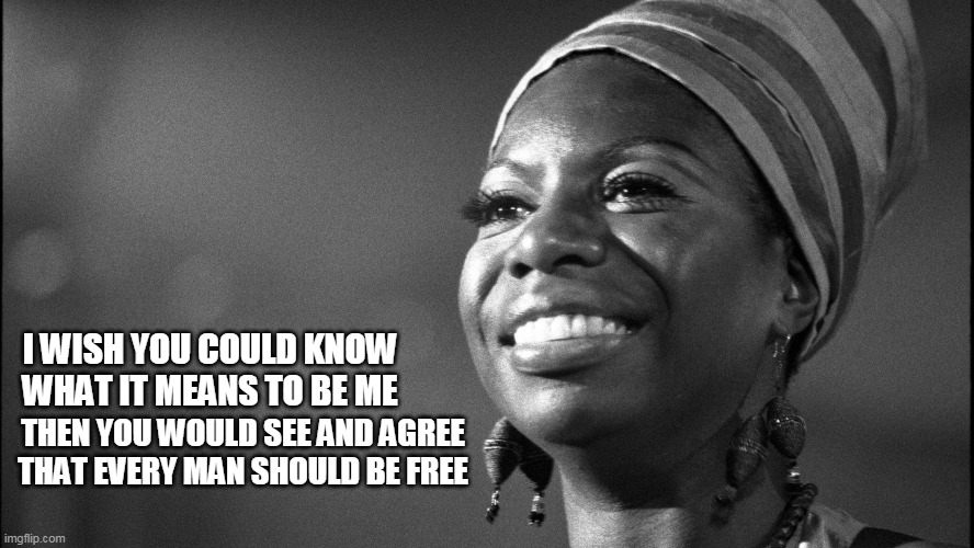 I WISH YOU COULD KNOW WHAT IT MEANS TO BE ME; THEN YOU WOULD SEE AND AGREE THAT EVERY MAN SHOULD BE FREE | image tagged in nina simone,civil rights | made w/ Imgflip meme maker