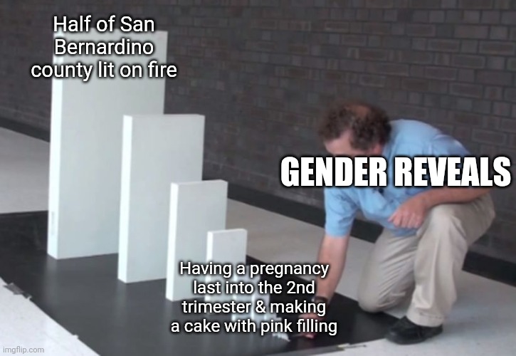 Gender reveals | Half of San Bernardino county lit on fire; GENDER REVEALS; Having a pregnancy last into the 2nd trimester & making a cake with pink filling | image tagged in domino effect | made w/ Imgflip meme maker