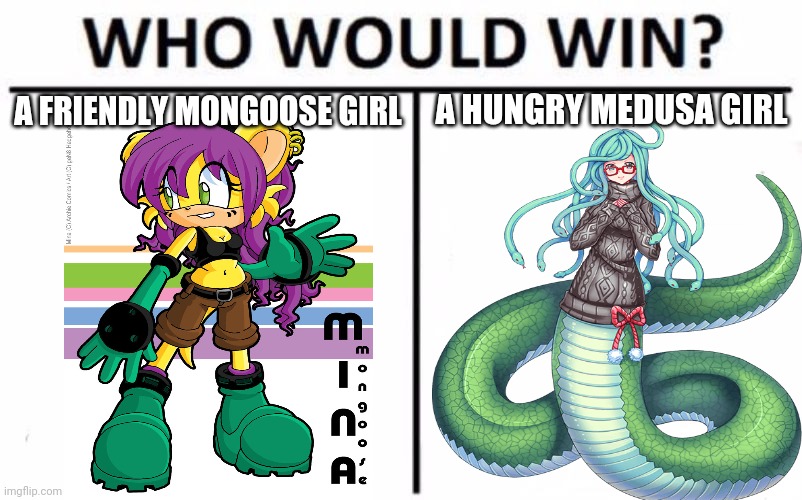 Mongoose vs snek | A HUNGRY MEDUSA GIRL; A FRIENDLY MONGOOSE GIRL | image tagged in memes,who would win,snek,sonic | made w/ Imgflip meme maker