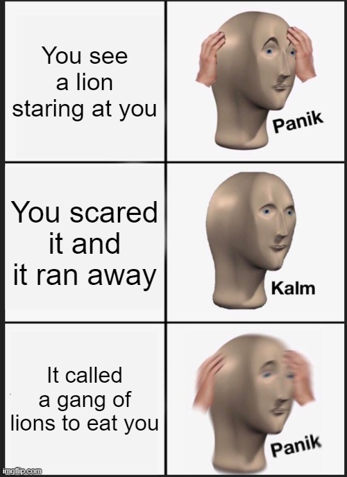 Panik Kalm Panik Meme | You see a lion staring at you; You scared it and it ran away; It called a gang of lions to eat you | image tagged in memes,panik kalm panik | made w/ Imgflip meme maker