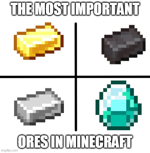 Minecraft ores | THE MOST IMPORTANT; ORES IN MINECRAFT | image tagged in memes,blank starter pack,minecraft | made w/ Imgflip meme maker