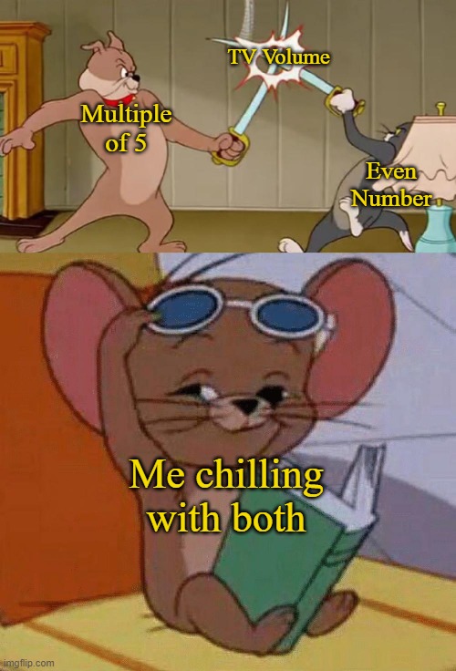 I don't see what the fuss is about | TV Volume; Multiple of 5; Even Number; Me chilling with both | image tagged in tom and jerry swordfight | made w/ Imgflip meme maker