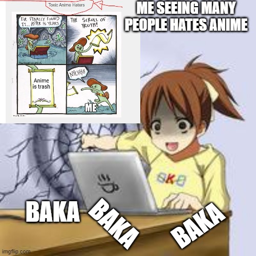 Tch. | ME SEEING MANY PEOPLE HATES ANIME; BAKA; BAKA; BAKA | image tagged in anime wall punch | made w/ Imgflip meme maker