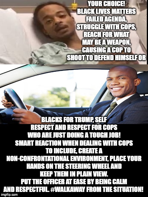 Your Choice! Black Lives Matter Failed Agenda or Blacks for Trump! | YOUR CHOICE! BLACK LIVES MATTERS FAILED AGENDA, STRUGGLE WITH COPS, REACH FOR WHAT MAY BE A WEAPON, CAUSING A COP TO SHOOT TO DEFEND HIMSELF OR; BLACKS FOR TRUMP, SELF RESPECT AND RESPECT FOR COPS WHO ARE JUST DOING A TOUGH JOB! SMART REACTION WHEN DEALING WITH COPS TO INCLUDE, CREATE A NON-CONFRONTATIONAL ENVIRONMENT, PLACE YOUR HANDS ON THE STEERING WHEEL AND KEEP THEM IN PLAIN VIEW.
PUT THE OFFICER AT EASE BY BEING CALM AND RESPECTFUL. #WALKAWAY FROM THE SITUATION! | image tagged in trump,blm,stupid liberals | made w/ Imgflip meme maker