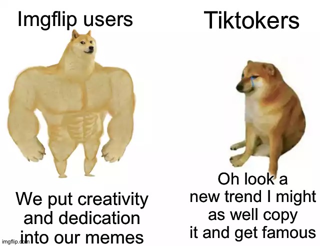 Imgflip users>tiktokers | Tiktokers; Imgflip users; Oh look a new trend I might as well copy it and get famous; We put creativity and dedication into our memes | image tagged in buff doge vs cheems,tiktok,imgflip users,memes,stop reading the tags | made w/ Imgflip meme maker