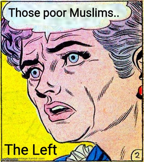 Shocked Old Lady | Those poor Muslims.. The Left | image tagged in shocked old lady | made w/ Imgflip meme maker
