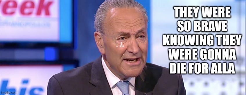 Chuck Schumer recalls his thoughts on the 19 Saudi Arabian Hijackers from 9-11 | THEY WERE SO BRAVE KNOWING THEY WERE GONNA DIE FOR ALLA | image tagged in the trader of the states,americas upchuck,the shameful one,also known as what the fuck chuck,he speaks to a crowd of zero | made w/ Imgflip meme maker