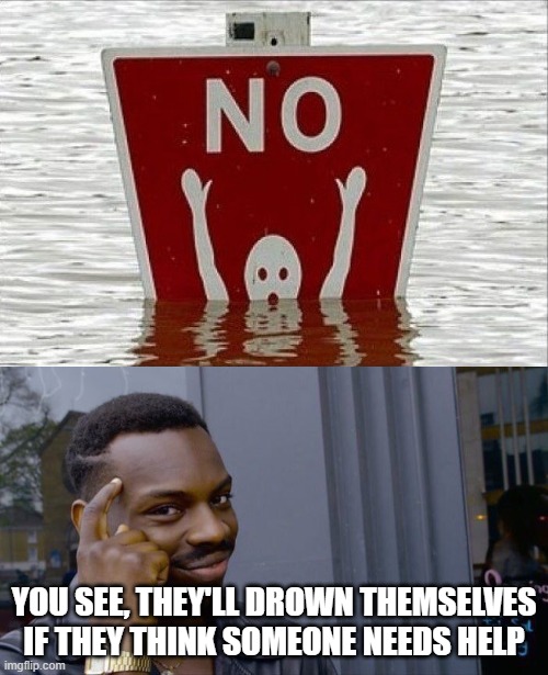 Will they drown too? | YOU SEE, THEY'LL DROWN THEMSELVES IF THEY THINK SOMEONE NEEDS HELP | image tagged in memes,roll safe think about it,water,funny,funny memes,stupid signs | made w/ Imgflip meme maker