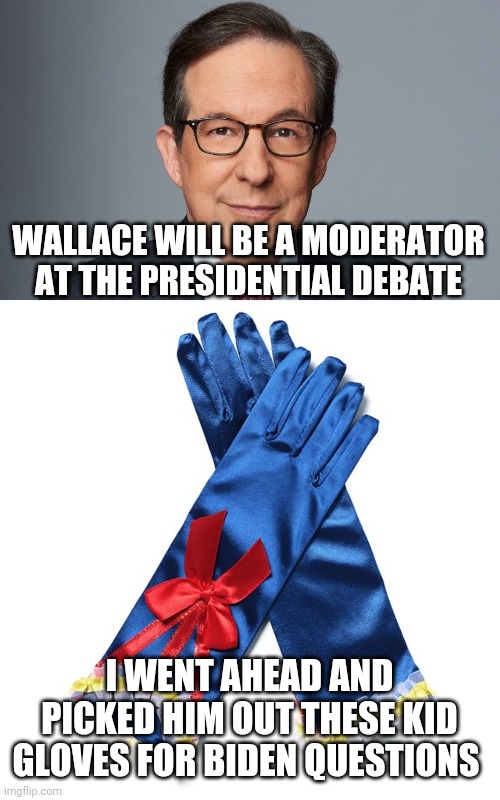 Politics and stuff | WALLACE WILL BE A MODERATOR AT THE PRESIDENTIAL DEBATE; I WENT AHEAD AND PICKED HIM OUT THESE KID GLOVES FOR BIDEN QUESTIONS | image tagged in funny memes | made w/ Imgflip meme maker
