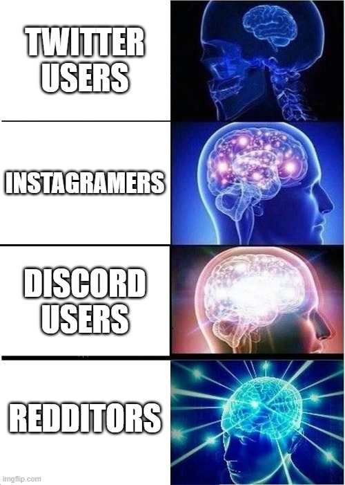 smort redditors | TWITTER USERS; INSTAGRAMERS; DISCORD USERS; REDDITORS | image tagged in memes,expanding brain | made w/ Imgflip meme maker