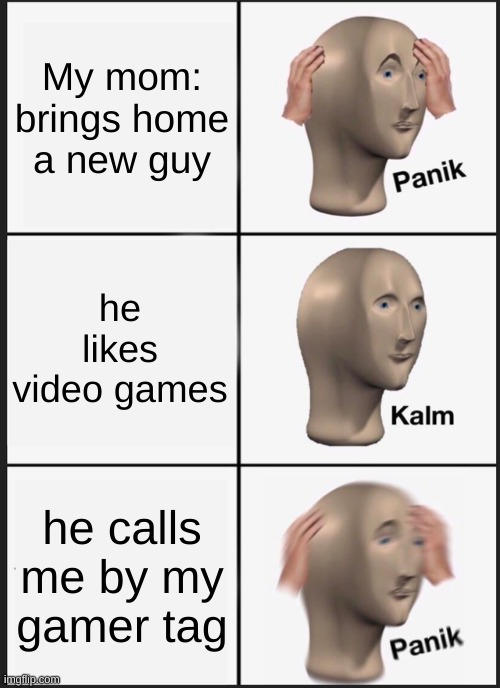 Gamer Tag | My mom: brings home a new guy; he likes video games; he calls me by my gamer tag | image tagged in memes,panik kalm panik | made w/ Imgflip meme maker