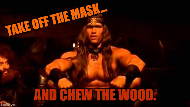 conan crush your enemies | TAKE OFF THE MASK... AND CHEW THE WOOD. | image tagged in conan crush your enemies | made w/ Imgflip meme maker