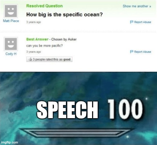 The Greatest Possible Answer... |  SPEECH | image tagged in skyrim 100 blank | made w/ Imgflip meme maker