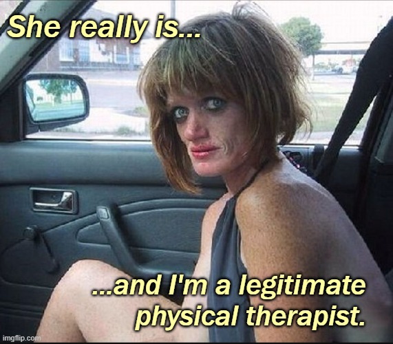 crack whore hooker | ...and I'm a legitimate physical therapist. She really is... | image tagged in crack whore hooker | made w/ Imgflip meme maker