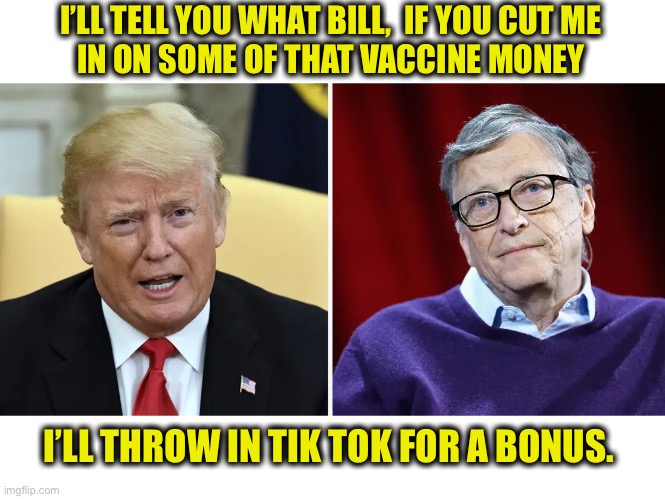 How Microsoft got the Tik Tok deal | I’LL TELL YOU WHAT BILL,  IF YOU CUT ME
IN ON SOME OF THAT VACCINE MONEY; I’LL THROW IN TIK TOK FOR A BONUS. | image tagged in donald trump,bill gates,coronavirus,vaccine,tik tok,politics | made w/ Imgflip meme maker