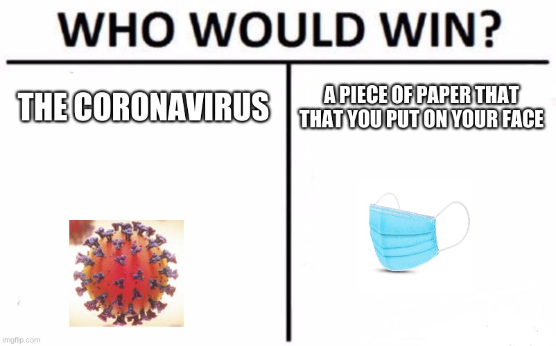 Who Would Win? | THE CORONAVIRUS; A PIECE OF PAPER THAT THAT YOU PUT ON YOUR FACE | image tagged in memes,who would win | made w/ Imgflip meme maker