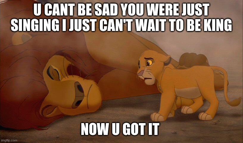haha | U CANT BE SAD YOU WERE JUST SINGING I JUST CAN'T WAIT TO BE KING; NOW U GOT IT | image tagged in simba | made w/ Imgflip meme maker