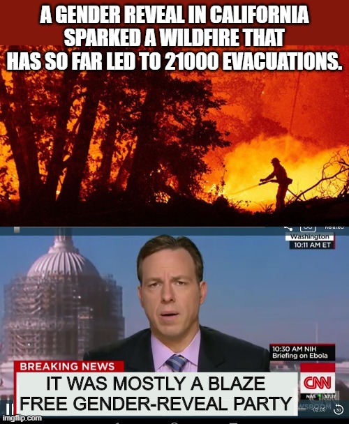 A GENDER REVEAL IN CALIFORNIA SPARKED A WILDFIRE THAT HAS SO FAR LED TO 21000 EVACUATIONS. IT WAS MOSTLY A BLAZE FREE GENDER-REVEAL PARTY | image tagged in cnn breaking news template,politics | made w/ Imgflip meme maker