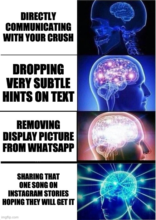 modern romance 101 | DIRECTLY COMMUNICATING WITH YOUR CRUSH; DROPPING VERY SUBTLE HINTS ON TEXT; REMOVING DISPLAY PICTURE FROM WHATSAPP; SHARING THAT ONE SONG ON INSTAGRAM STORIES HOPING THEY WILL GET IT | image tagged in memes,expanding brain,love,online dating,crush,overthinking | made w/ Imgflip meme maker