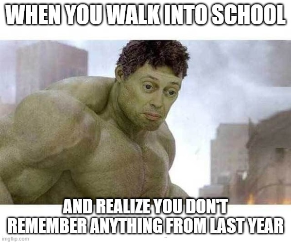 School hulk | WHEN YOU WALK INTO SCHOOL; AND REALIZE YOU DON'T REMEMBER ANYTHING FROM LAST YEAR | image tagged in back to school | made w/ Imgflip meme maker