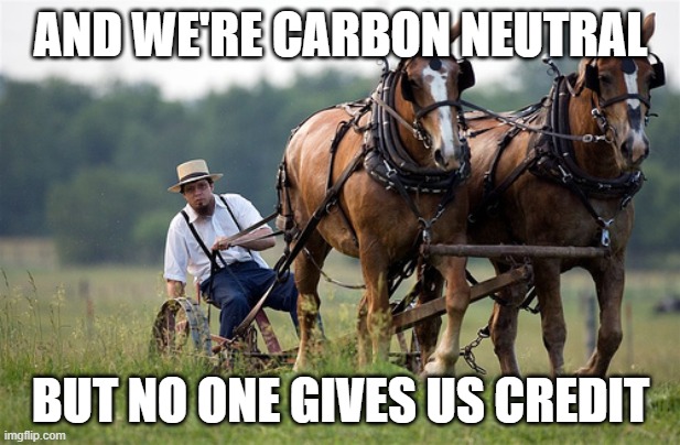 Amish farmer | AND WE'RE CARBON NEUTRAL BUT NO ONE GIVES US CREDIT | image tagged in amish farmer | made w/ Imgflip meme maker