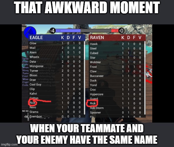 that awkward moment | THAT AWKWARD MOMENT; WHEN YOUR TEAMMATE AND YOUR ENEMY HAVE THE SAME NAME | image tagged in awkward,that moment when,weird,awkward moment sealion,memes,dank memes | made w/ Imgflip meme maker