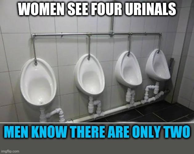 Newsroom etiquette | WOMEN SEE FOUR URINALS; MEN KNOW THERE ARE ONLY TWO | image tagged in urinals | made w/ Imgflip meme maker