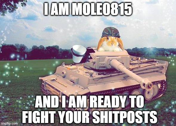 Bunny on a tank | I AM MOLE0815; AND I AM READY TO FIGHT YOUR SHITPOSTS | image tagged in bunny on a tank | made w/ Imgflip meme maker