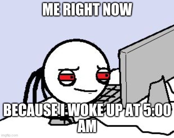 Me | ME RIGHT NOW; BECAUSE I WOKE UP AT 5:00
AM | image tagged in tired user | made w/ Imgflip meme maker
